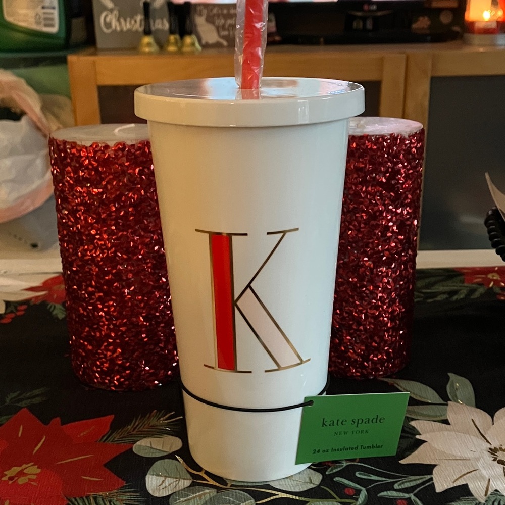 Kate Spade White Tumbler with Red and Gold Accents